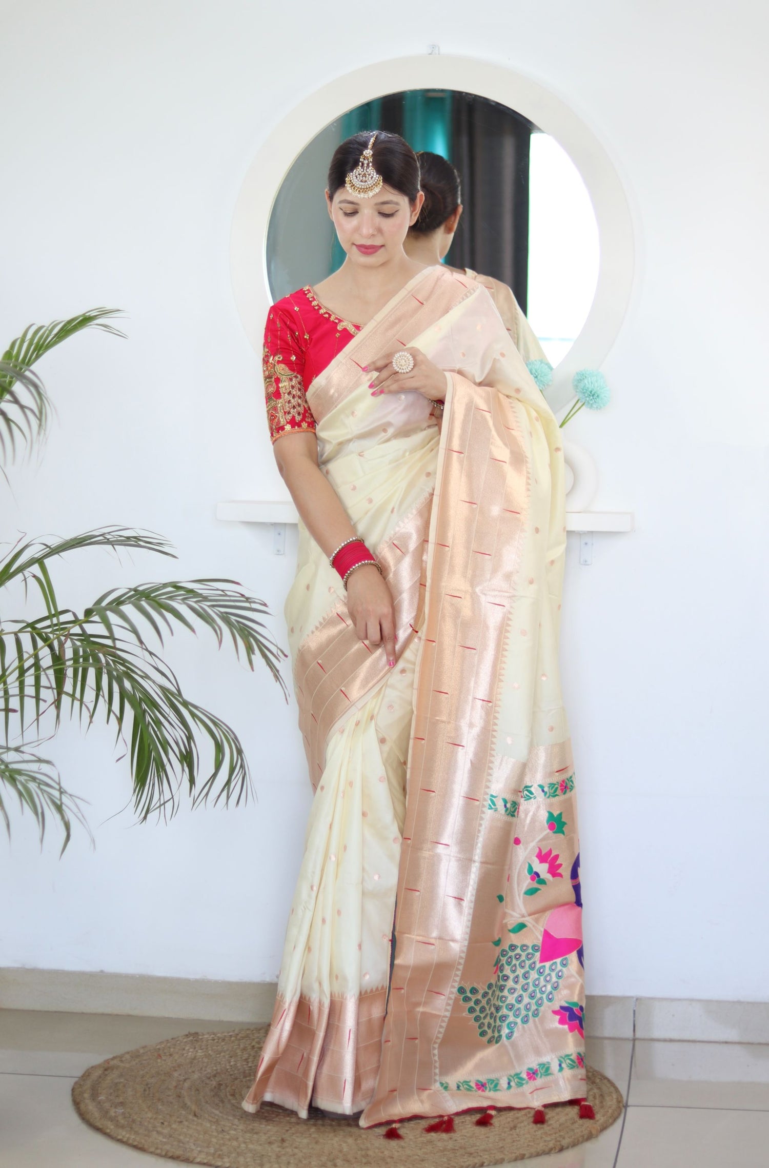 Sizzling Beige Paithani Silk Saree With Girlish Blouse Piece