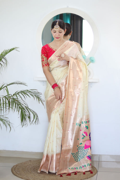 Load image into Gallery viewer, Sizzling Beige Paithani Silk Saree With Girlish Blouse Piece
