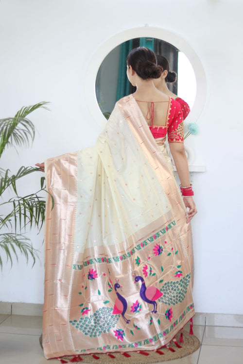 Load image into Gallery viewer, Sizzling Beige Paithani Silk Saree With Girlish Blouse Piece
