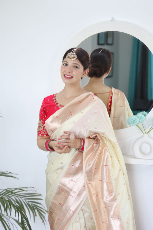 Load image into Gallery viewer, Sizzling Beige Paithani Silk Saree With Girlish Blouse Piece
