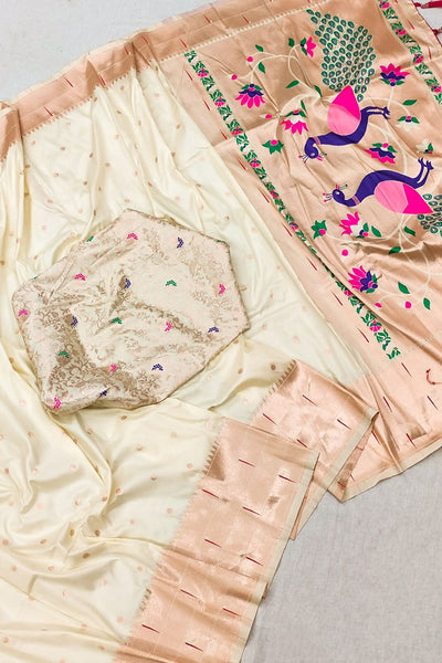 Sizzling Beige Paithani Silk Saree With Girlish Blouse Piece