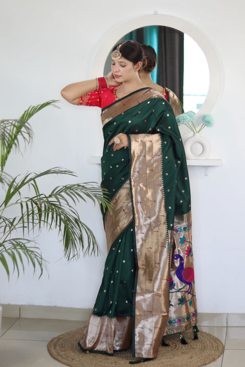 Load image into Gallery viewer, Breathtaking Dark Green Paithani Silk Saree With Majesty Blouse Piece
