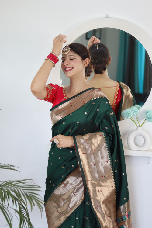 Load image into Gallery viewer, Breathtaking Dark Green Paithani Silk Saree With Majesty Blouse Piece
