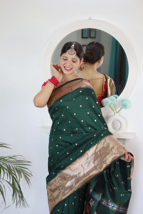 Load image into Gallery viewer, Breathtaking Dark Green Paithani Silk Saree With Majesty Blouse Piece
