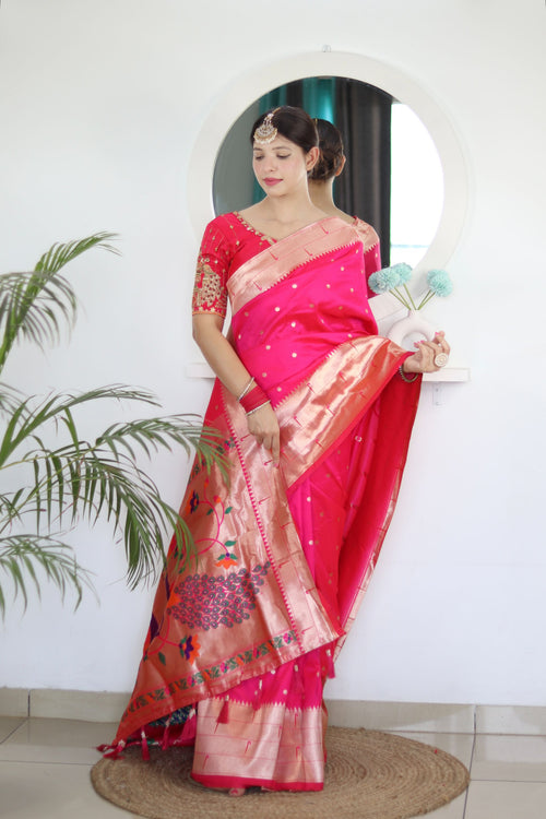 Load image into Gallery viewer, Twirling Dark Pink Paithani Silk Saree With Jazzy Blouse Piece
