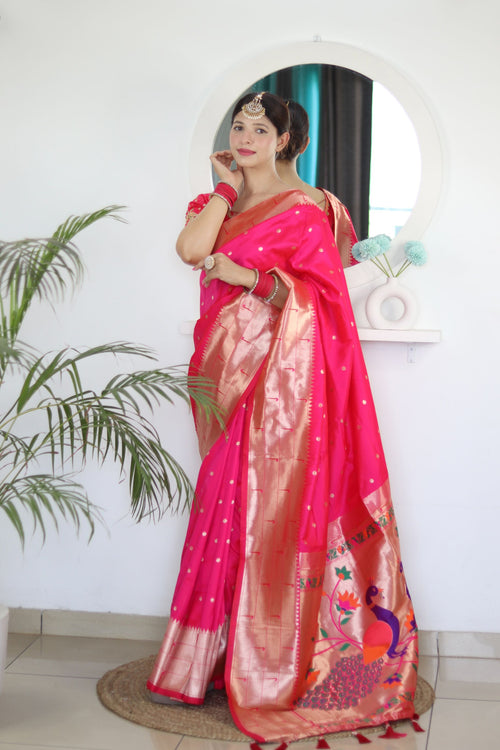 Load image into Gallery viewer, Twirling Dark Pink Paithani Silk Saree With Jazzy Blouse Piece
