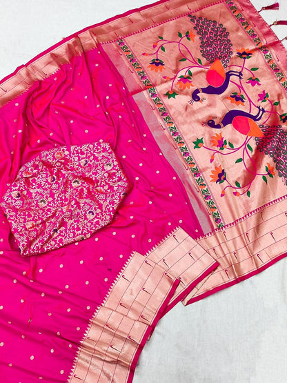 Twirling Dark Pink Paithani Silk Saree With Jazzy Blouse Piece