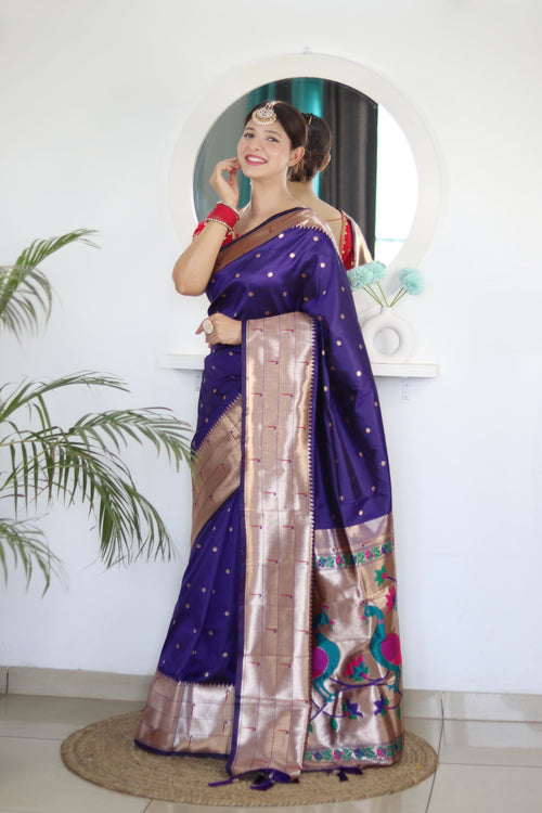 Load image into Gallery viewer, Deserving Navy Blue Paithani Silk Saree With Appealing Blouse Piece
