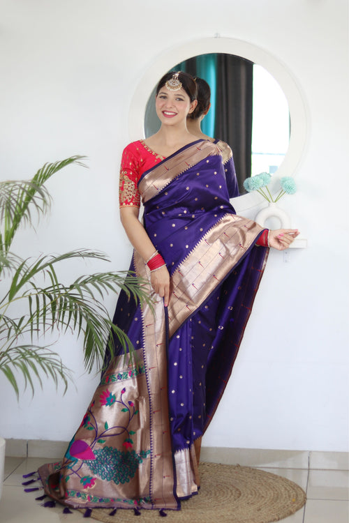 Load image into Gallery viewer, Deserving Navy Blue Paithani Silk Saree With Appealing Blouse Piece
