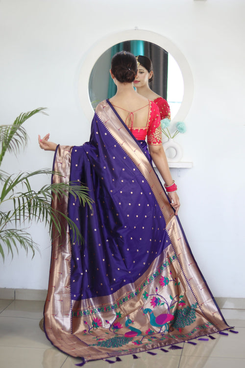 Load image into Gallery viewer, Deserving Navy Blue Paithani Silk Saree With Appealing Blouse Piece
