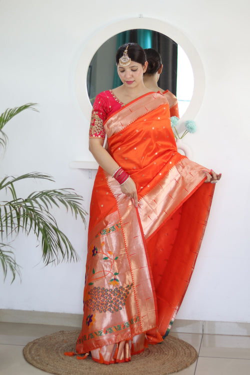 Load image into Gallery viewer, Charming Orange Paithani Silk Saree With Captivating Blouse Piece
