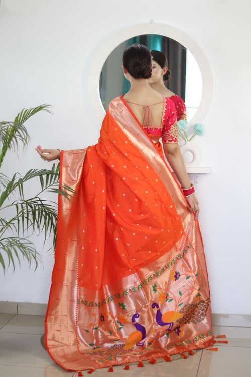 Load image into Gallery viewer, Charming Orange Paithani Silk Saree With Captivating Blouse Piece
