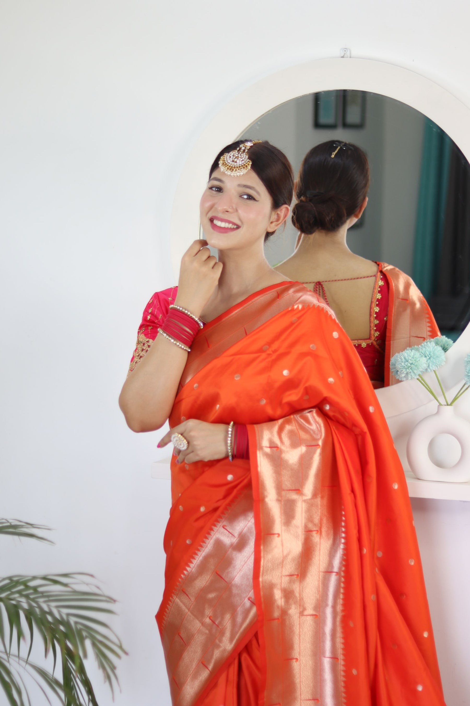 Charming Orange Paithani Silk Saree With Captivating Blouse Piece