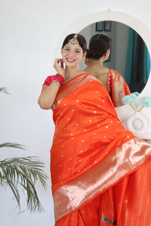 Load image into Gallery viewer, Charming Orange Paithani Silk Saree With Captivating Blouse Piece
