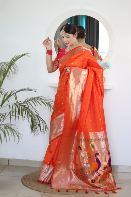 Load image into Gallery viewer, Charming Orange Paithani Silk Saree With Captivating Blouse Piece
