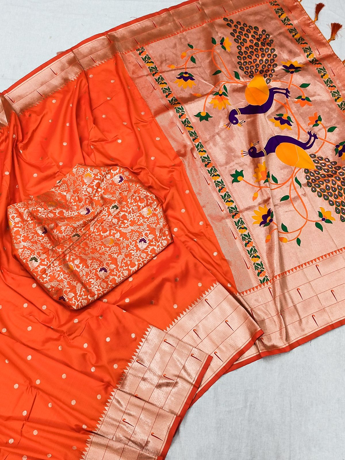 Charming Orange Paithani Silk Saree With Captivating Blouse Piece