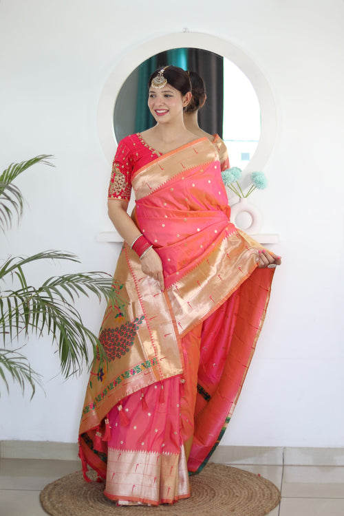 Load image into Gallery viewer, Flameboyant Peach Paithani Silk Saree With Fairytale Blouse Piece
