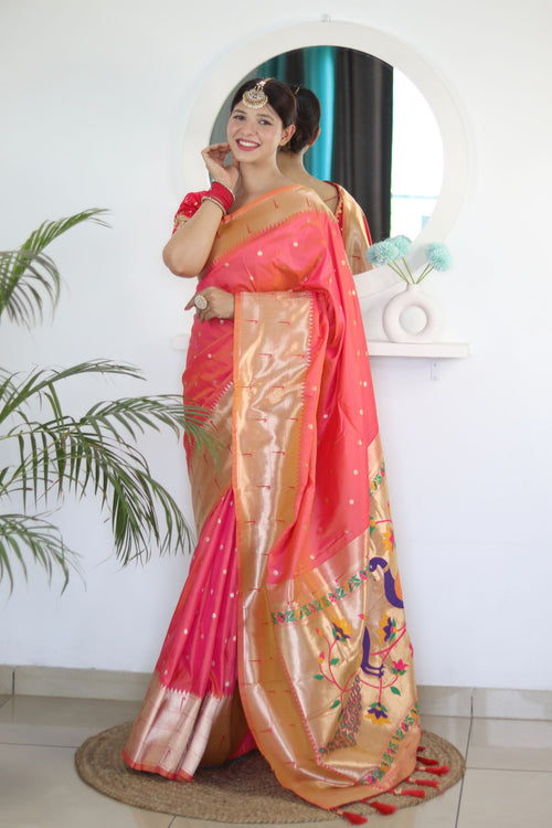 Load image into Gallery viewer, Flameboyant Peach Paithani Silk Saree With Fairytale Blouse Piece
