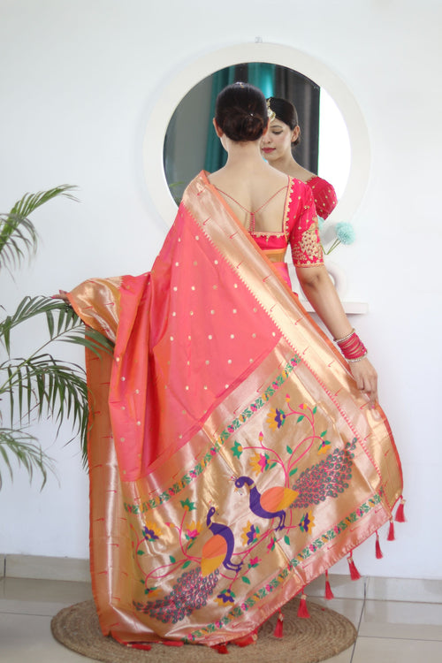 Load image into Gallery viewer, Flameboyant Peach Paithani Silk Saree With Fairytale Blouse Piece
