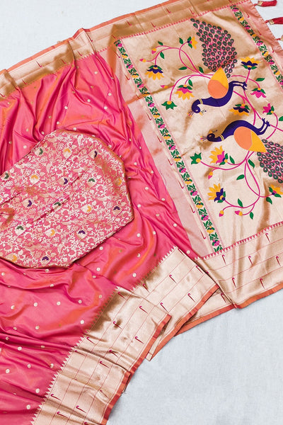 Flameboyant Peach Paithani Silk Saree With Fairytale Blouse Piece
