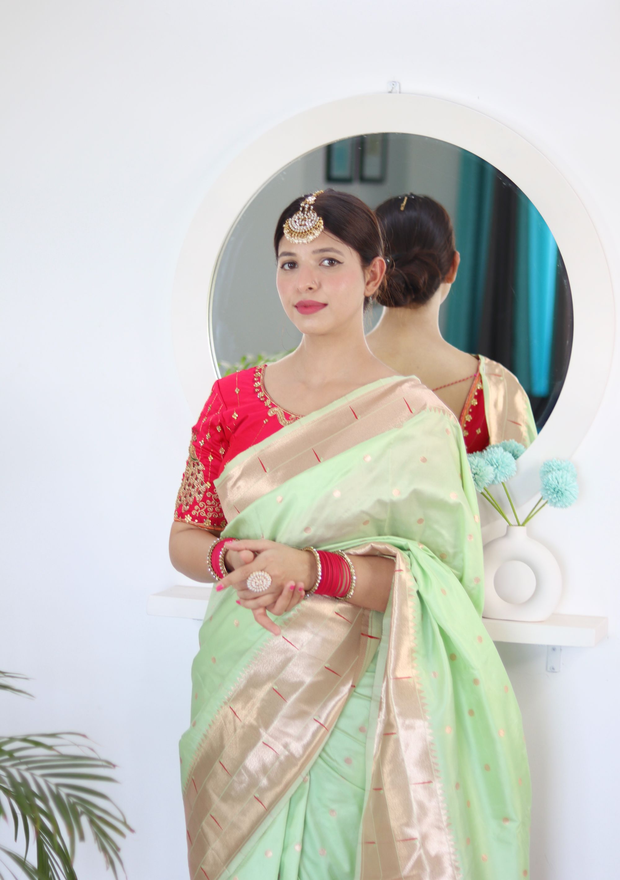 Prominent Pista Paithani Silk Saree With Radiant Blouse Piece