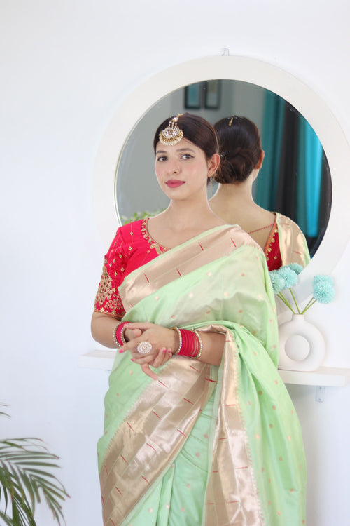 Load image into Gallery viewer, Prominent Pista Paithani Silk Saree With Radiant Blouse Piece
