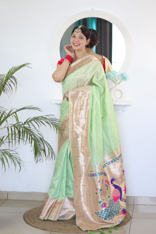 Load image into Gallery viewer, Prominent Pista Paithani Silk Saree With Radiant Blouse Piece
