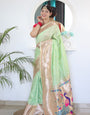 Prominent Pista Paithani Silk Saree With Radiant Blouse Piece