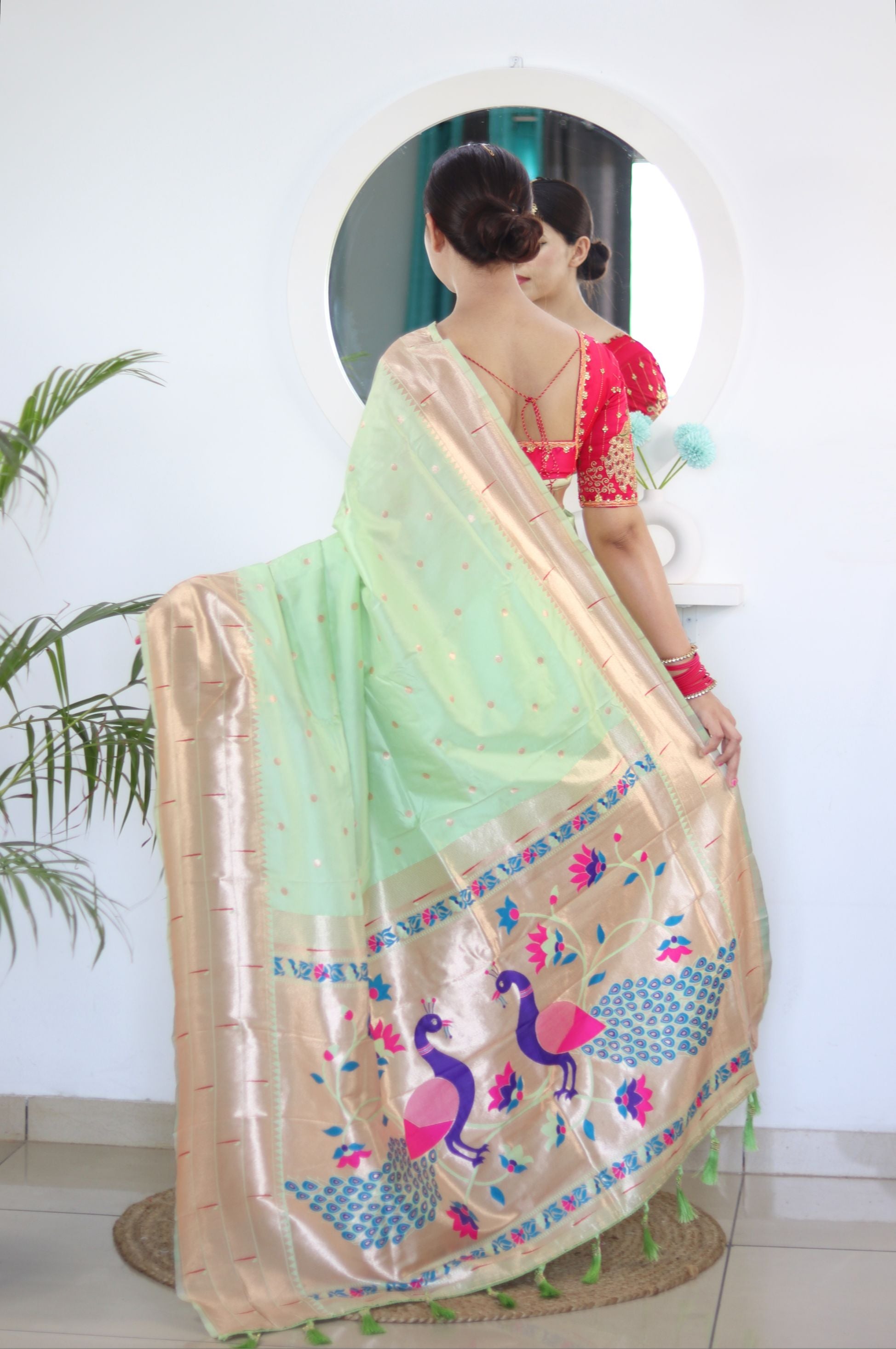 Prominent Pista Paithani Silk Saree With Radiant Blouse Piece