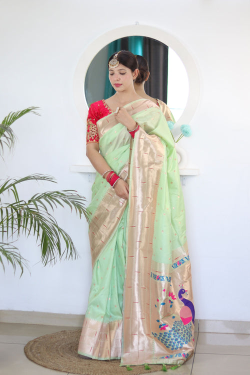 Load image into Gallery viewer, Prominent Pista Paithani Silk Saree With Radiant Blouse Piece
