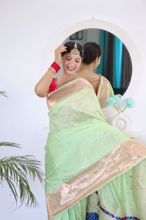 Load image into Gallery viewer, Prominent Pista Paithani Silk Saree With Radiant Blouse Piece
