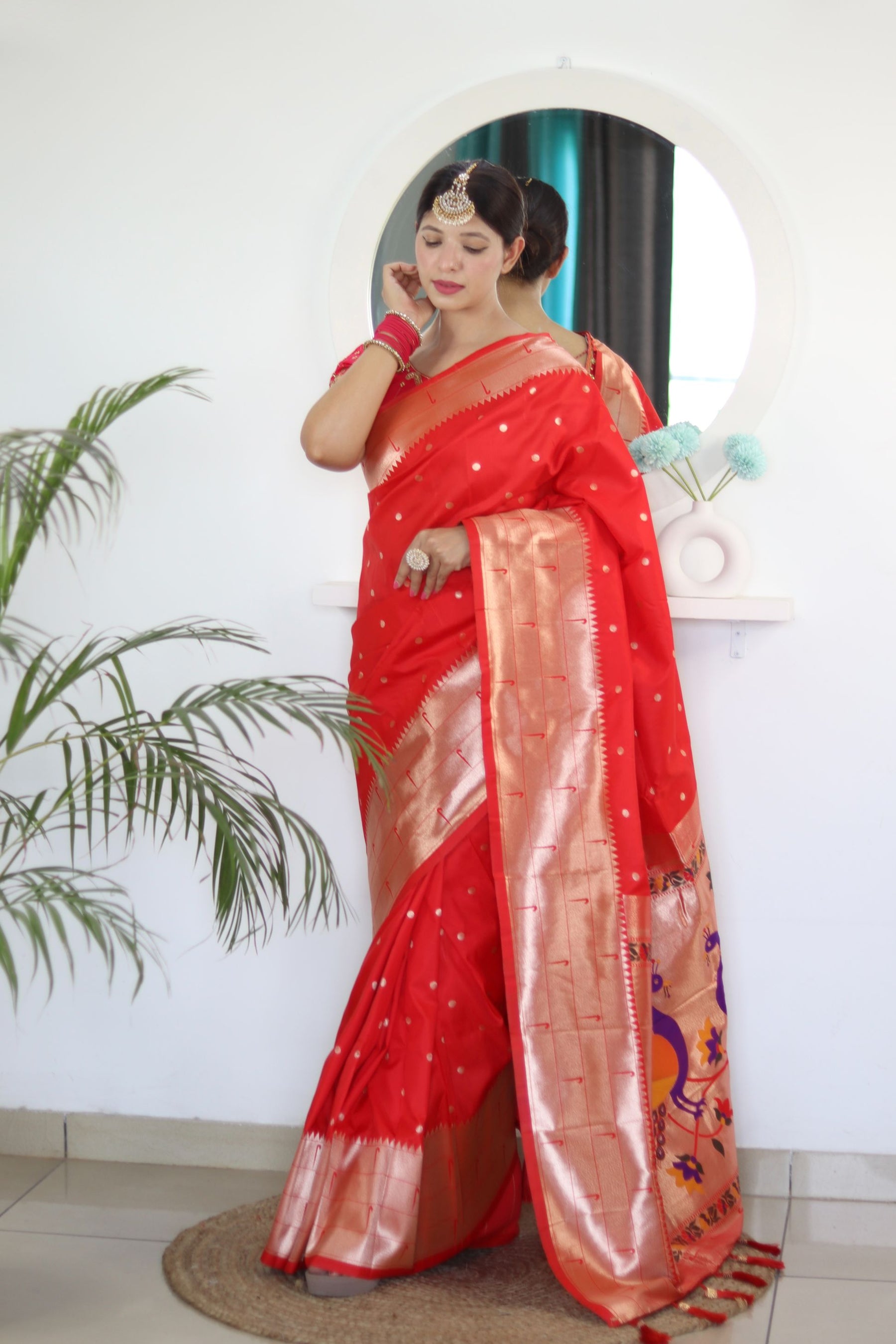 Appealing Red Paithani Silk Saree With Impressive Blouse Piece