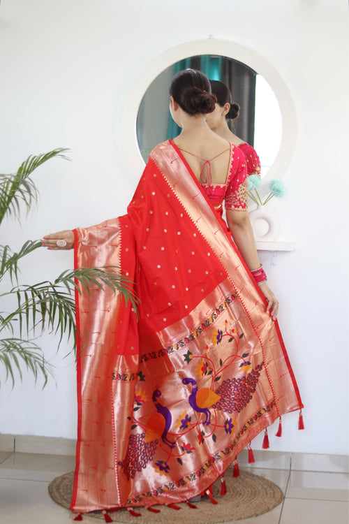 Load image into Gallery viewer, Appealing Red Paithani Silk Saree With Impressive Blouse Piece
