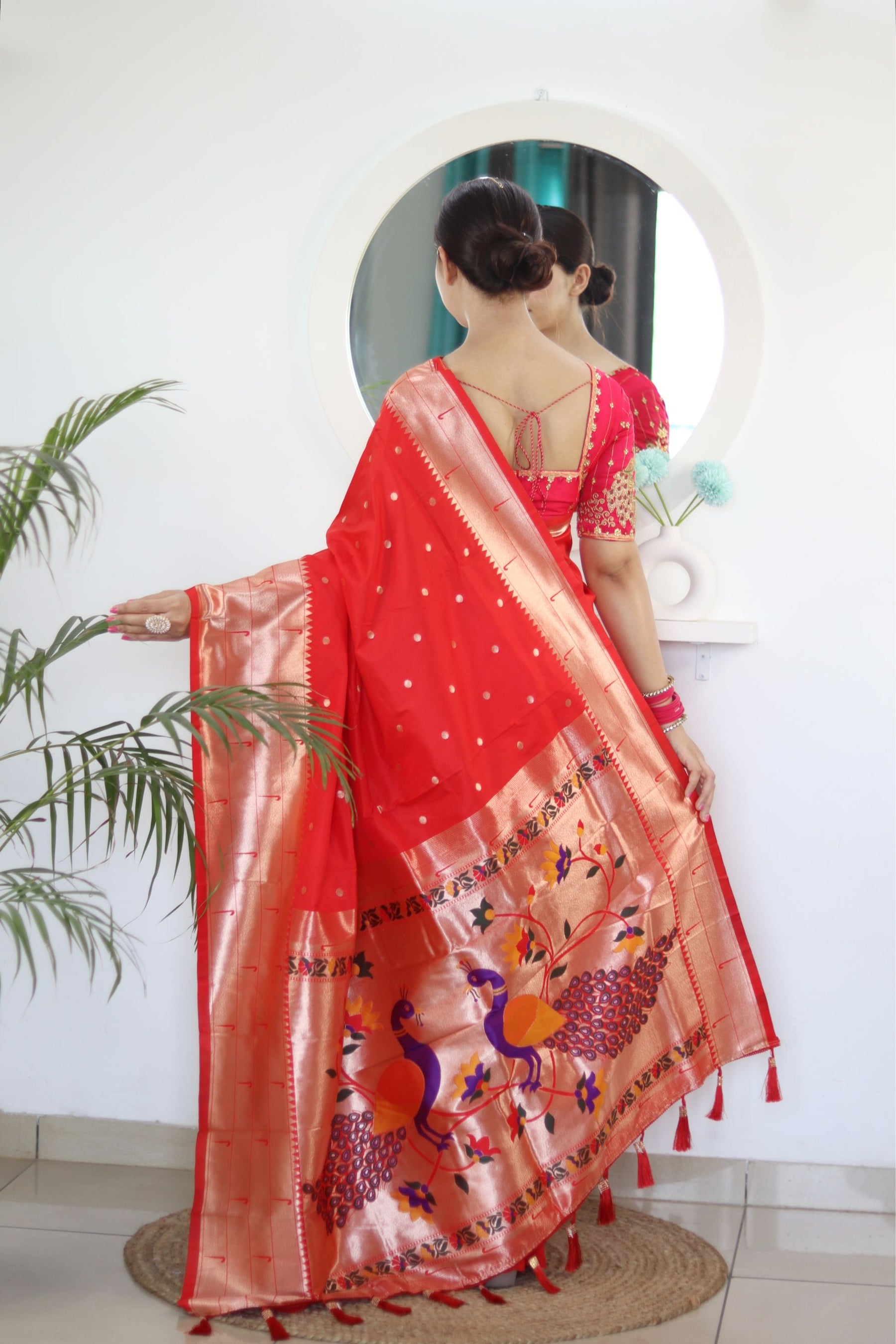 Appealing Red Paithani Silk Saree With Impressive Blouse Piece