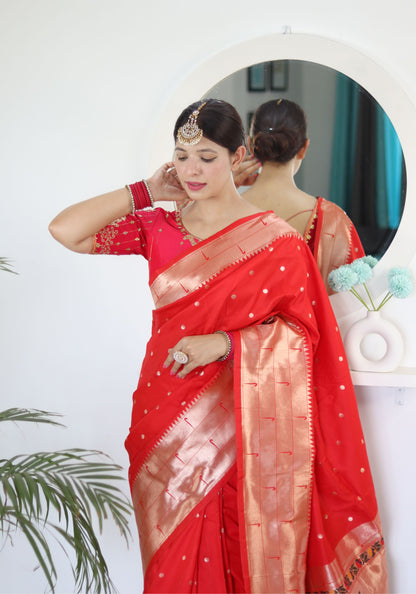 Appealing Red Paithani Silk Saree With Impressive Blouse Piece