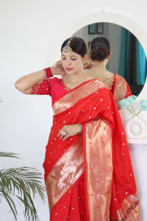 Load image into Gallery viewer, Appealing Red Paithani Silk Saree With Impressive Blouse Piece
