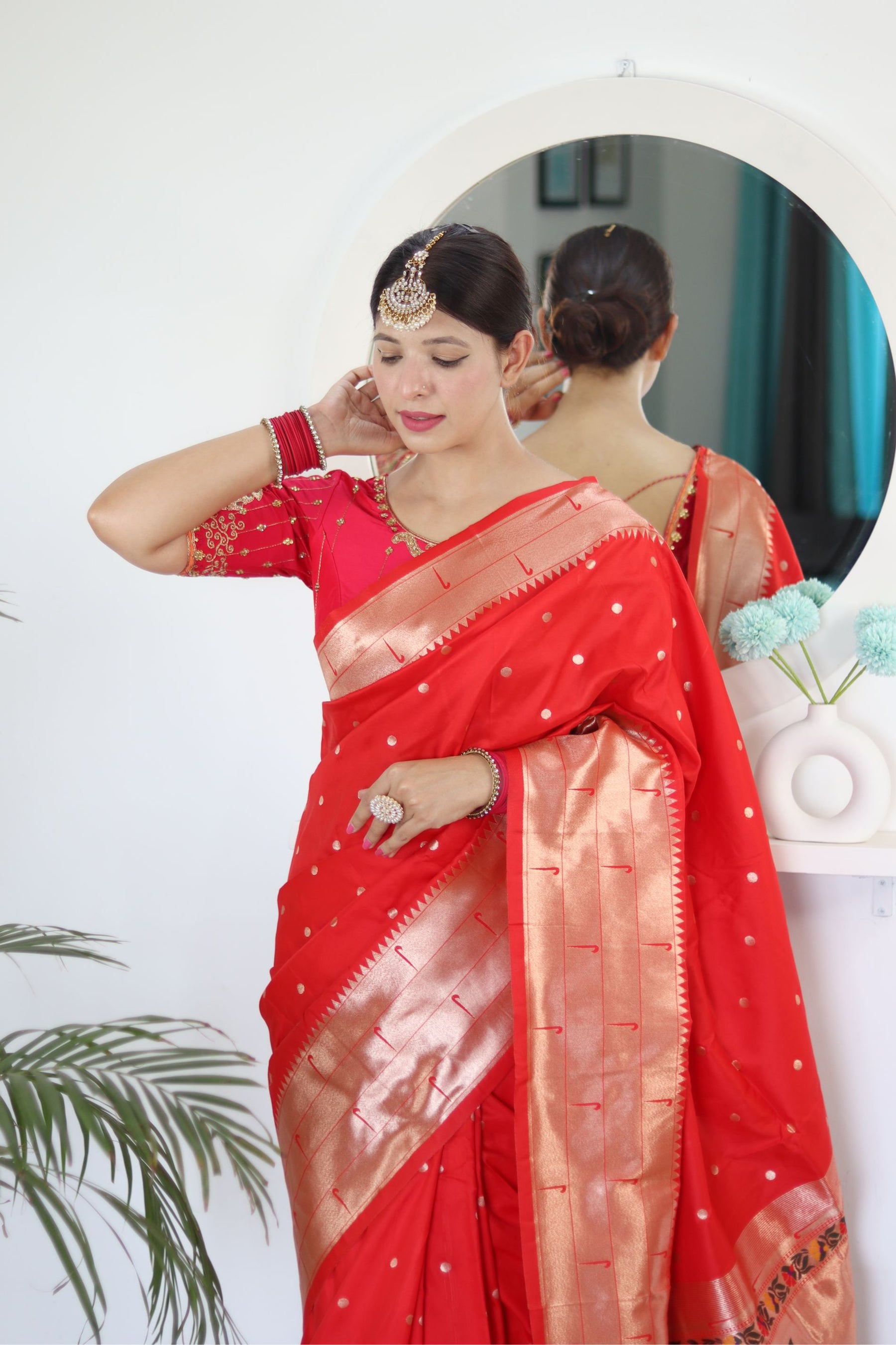 Appealing Red Paithani Silk Saree With Impressive Blouse Piece