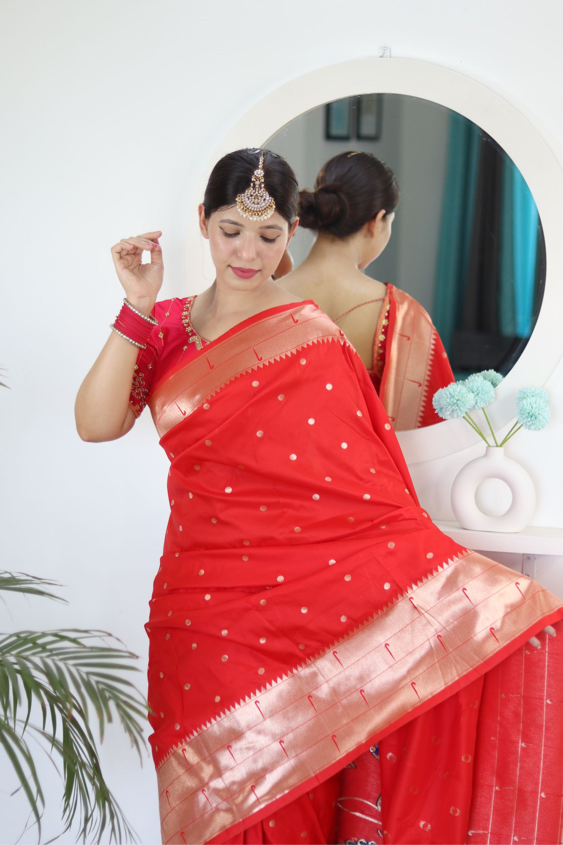 Appealing Red Paithani Silk Saree With Impressive Blouse Piece