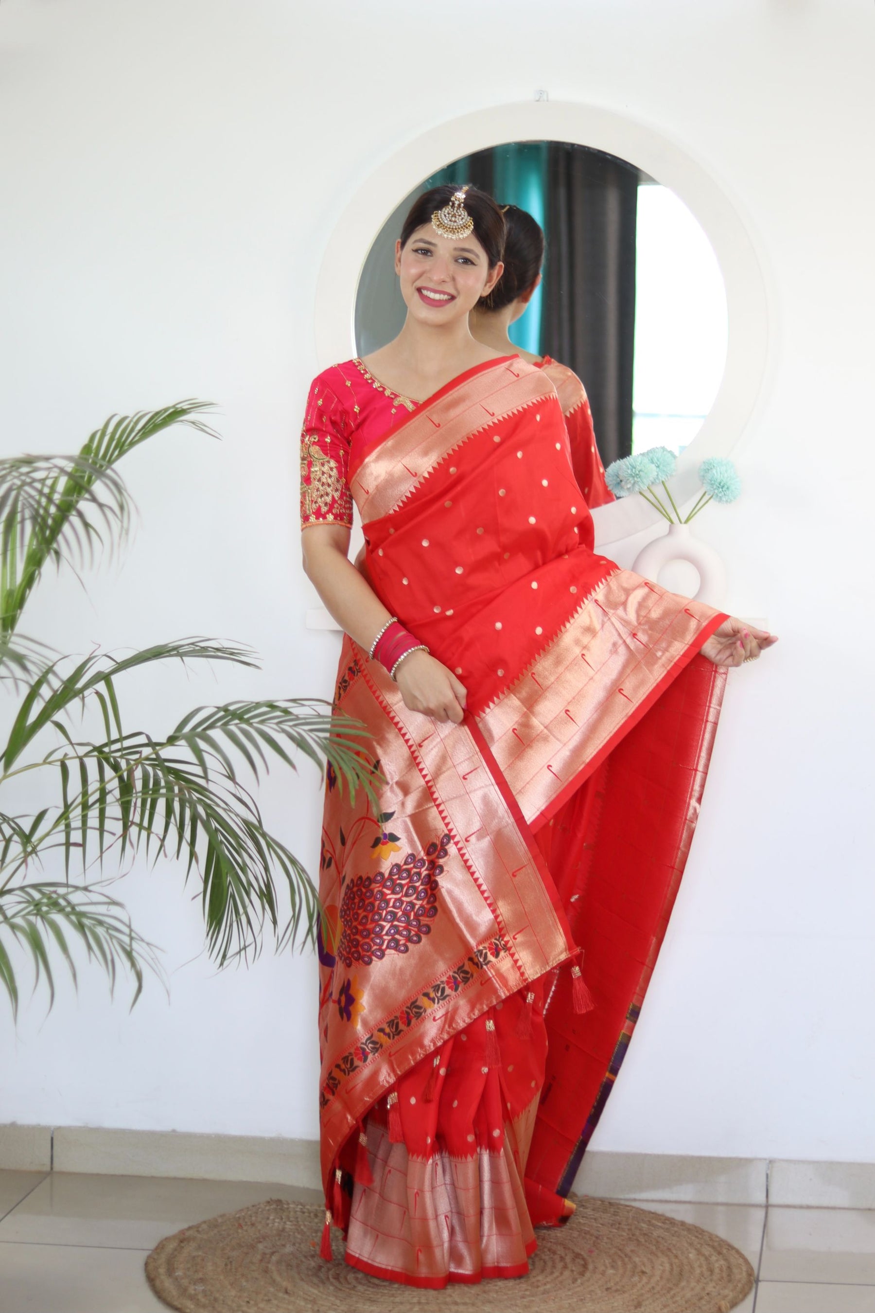 Appealing Red Paithani Silk Saree With Impressive Blouse Piece