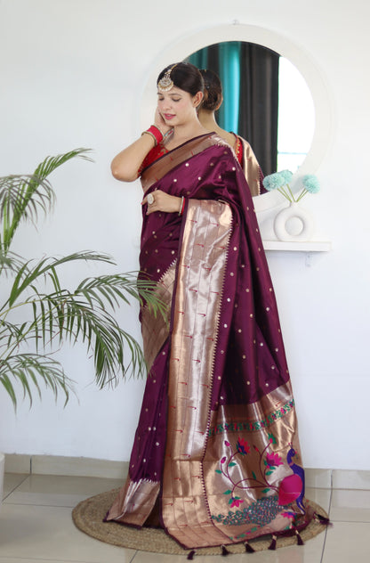 Invaluable Wine Paithani Silk Saree With Mesmerising Blouse Piece