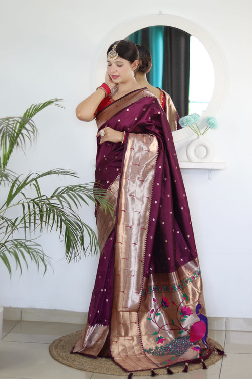 Load image into Gallery viewer, Invaluable Wine Paithani Silk Saree With Mesmerising Blouse Piece
