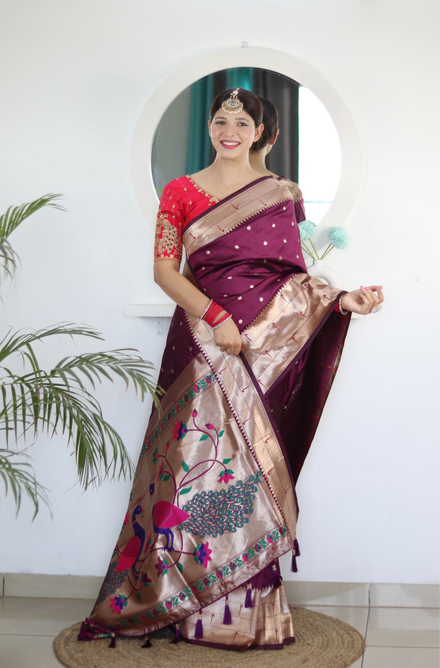 Invaluable Wine Paithani Silk Saree With Mesmerising Blouse Piece