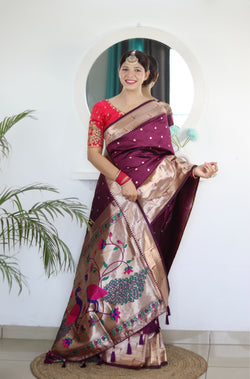 Invaluable Wine Paithani Silk Saree With Mesmerising Blouse Piece