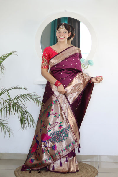 Invaluable Wine Paithani Silk Saree With Mesmerising Blouse Piece