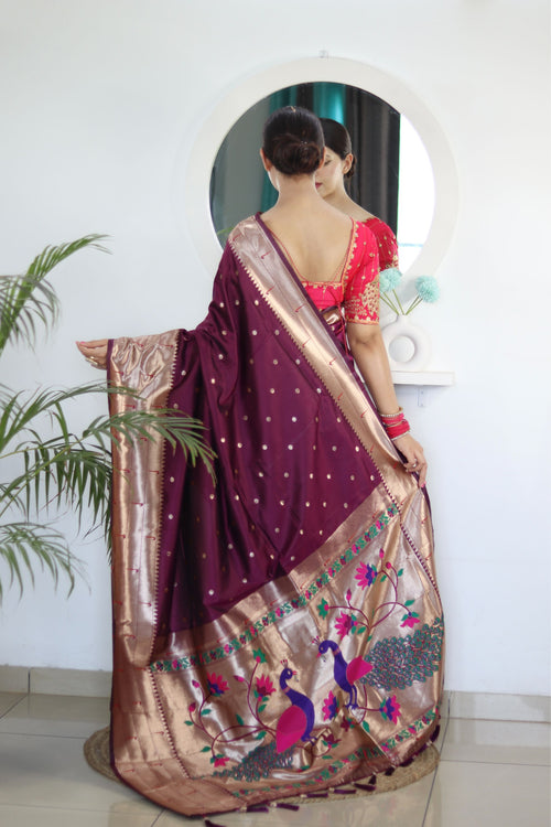 Load image into Gallery viewer, Invaluable Wine Paithani Silk Saree With Mesmerising Blouse Piece
