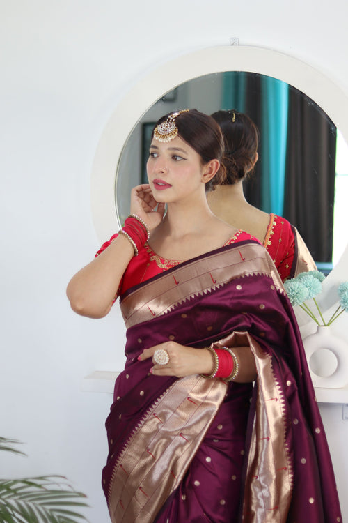 Load image into Gallery viewer, Invaluable Wine Paithani Silk Saree With Mesmerising Blouse Piece
