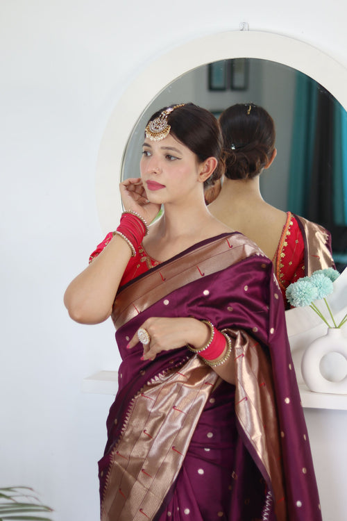 Load image into Gallery viewer, Invaluable Wine Paithani Silk Saree With Mesmerising Blouse Piece
