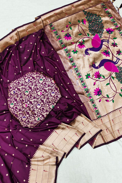 Invaluable Wine Paithani Silk Saree With Mesmerising Blouse Piece
