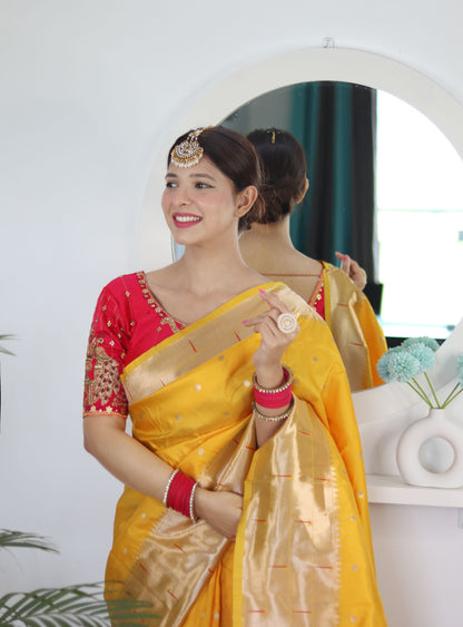 Lovely Yellow Paithani Silk Saree With Gorgeous Blouse Piece