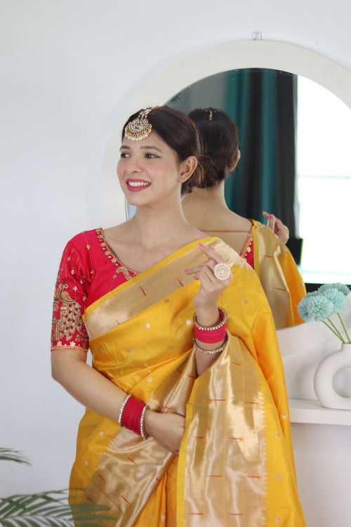 Load image into Gallery viewer, Lovely Yellow Paithani Silk Saree With Gorgeous Blouse Piece
